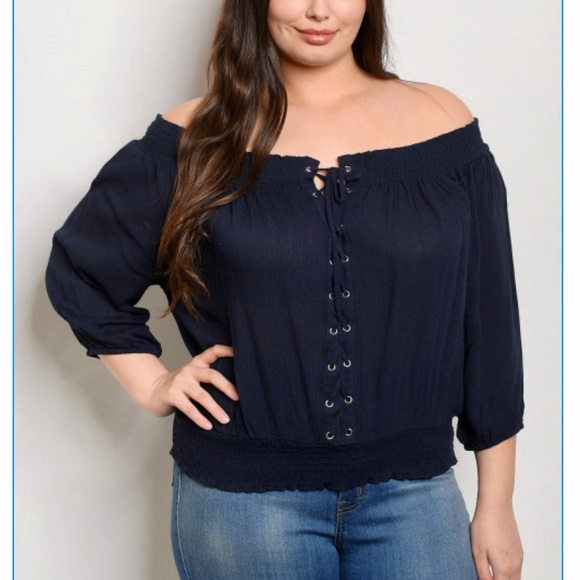 Plus size off shoulder navy blouse - Picture 1 of 1